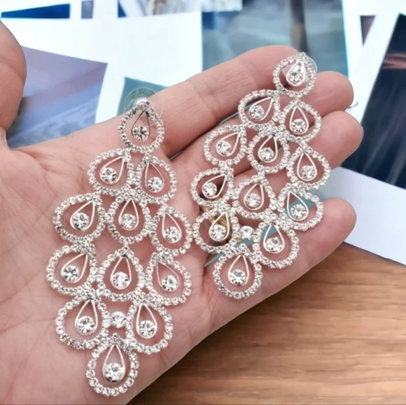 PLATINUM SILVER CZ Chandelier Earrings Waterfall Statement Bridal Wedding Bling - Picture 5 of 9